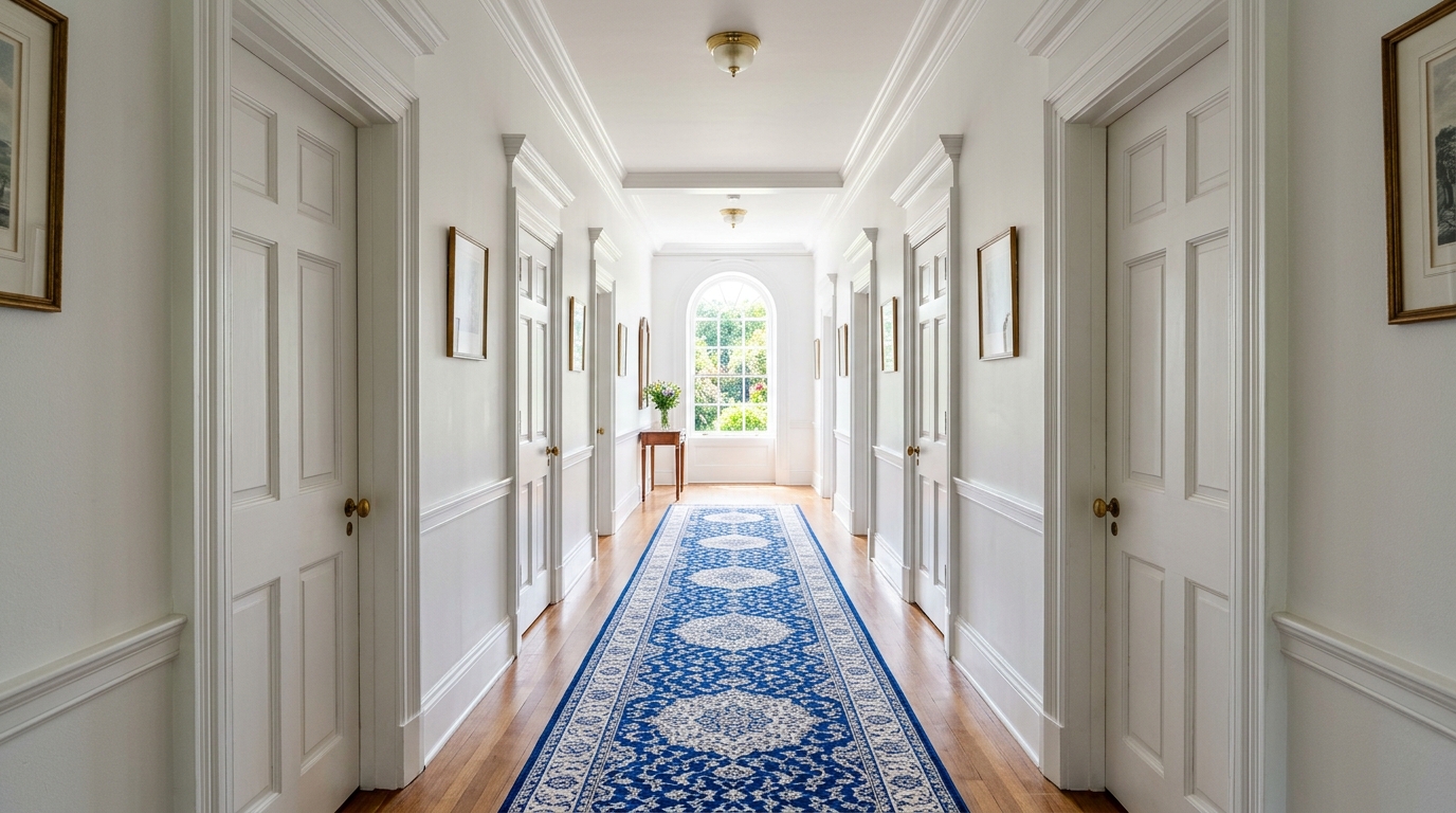 View down a long narrow corridor with a washable blue and cream runner rug leading the eye toward a bright focal point at the end. View down a long narrow corridor with a washable blue and cream runner rug leading the eye toward a bright focal point at the end.