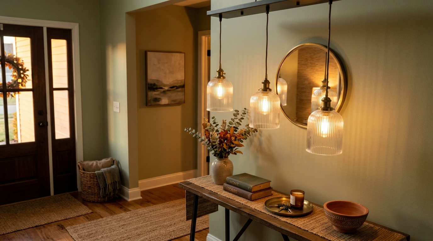 Modern small entryway lighting: a cluster of delicate glass pendants hanging at varying heights to add vertical interest to a tight space. Modern small entryway lighting: a cluster of delicate glass pendants hanging at varying heights to add vertical interest to a tight space.