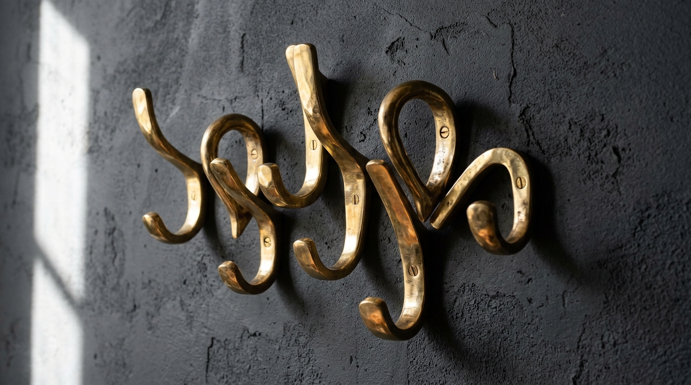 Entryway wall hooks for small spaces made of solid brass, arranged in a geometric pattern on a dark slate charcoal wall. Entryway wall hooks for small spaces made of solid brass, arranged in a geometric pattern on a dark slate charcoal wall.