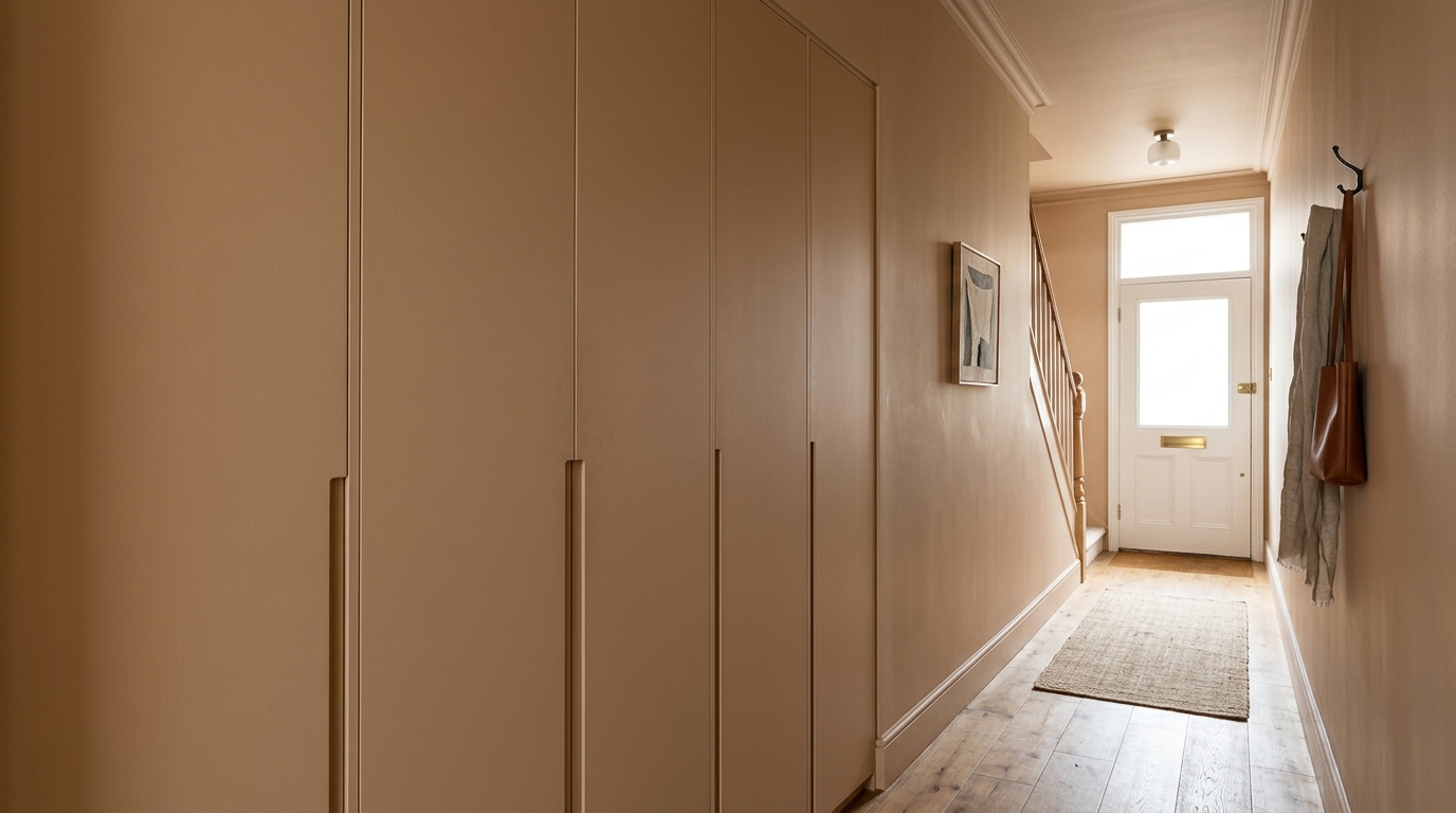 Bespoke built-in storage in a narrow entry painted in Farrow & Ball Setting Plaster to match the walls for a seamless architectural look. Bespoke built-in storage in a narrow entry painted in Farrow & Ball Setting Plaster to match the walls for a seamless architectural look.