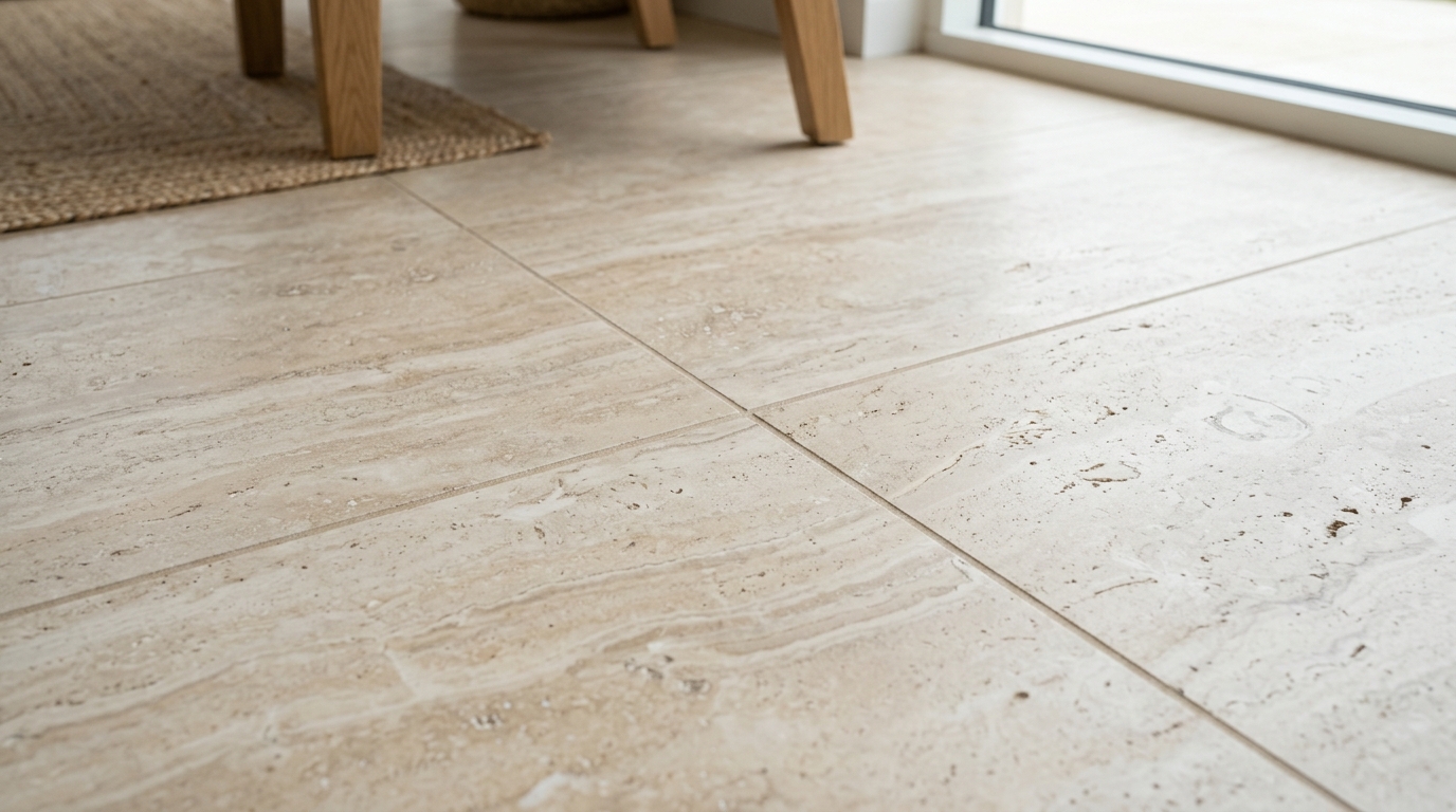 Honed travertine floor tiles in a cross-cut pattern, providing a soft matte foundation for a modern luxury apartment threshold. Honed travertine floor tiles in a cross-cut pattern, providing a soft matte foundation for a modern luxury apartment threshold.