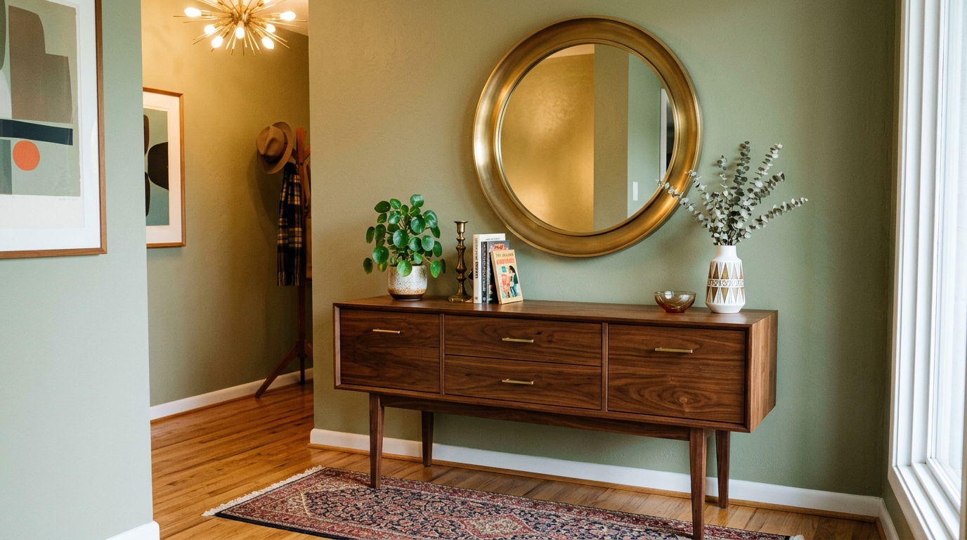 Mid-century modern narrow entryway console table with mirror and a small collection of vintage glassware catching the afternoon sun. Mid-century modern narrow entryway console table with mirror and a small collection of vintage glassware catching the afternoon sun.