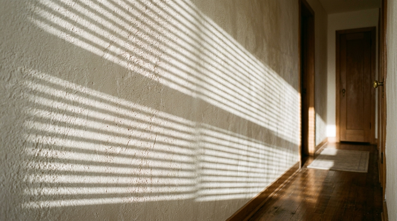 Shadow play on a textured wall in a narrow entry, created by a louvered window blind and warm internal accent lighting. Shadow play on a textured wall in a narrow entry, created by a louvered window blind and warm internal accent lighting.