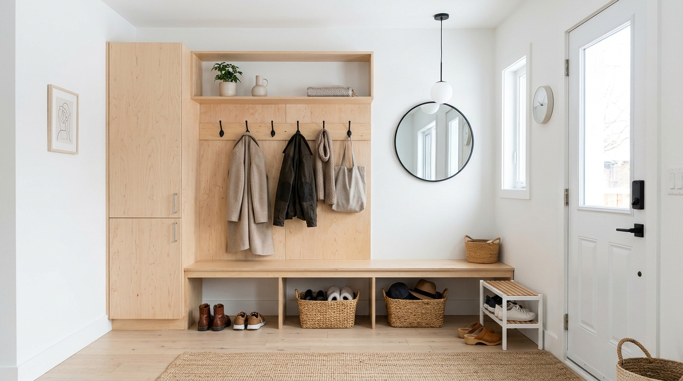 Scandinavian-style entry with a light birch plywood bench and integrated coat storage, emphasizing functional minimalism. Scandinavian-style entry with a light birch plywood bench and integrated coat storage, emphasizing functional minimalism.