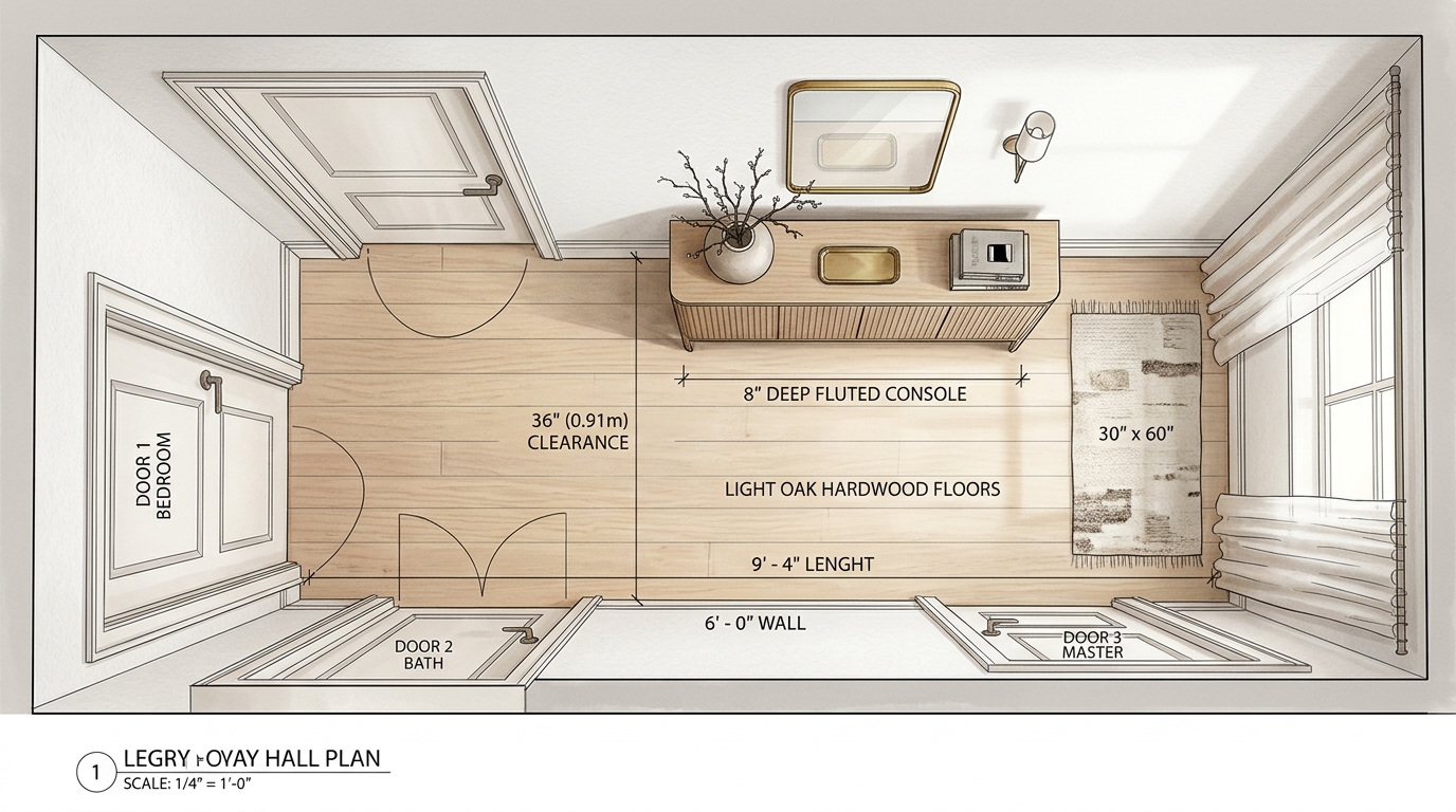 Architectural top-down view of a narrow hallway layout showing 36-inch walkway clearances and a slim fluted oak wall-mounted shelf for spatial integrity. Architectural top-down view of a narrow hallway layout showing 36-inch walkway clearances and a slim fluted oak wall-mounted shelf for spatial integrity.