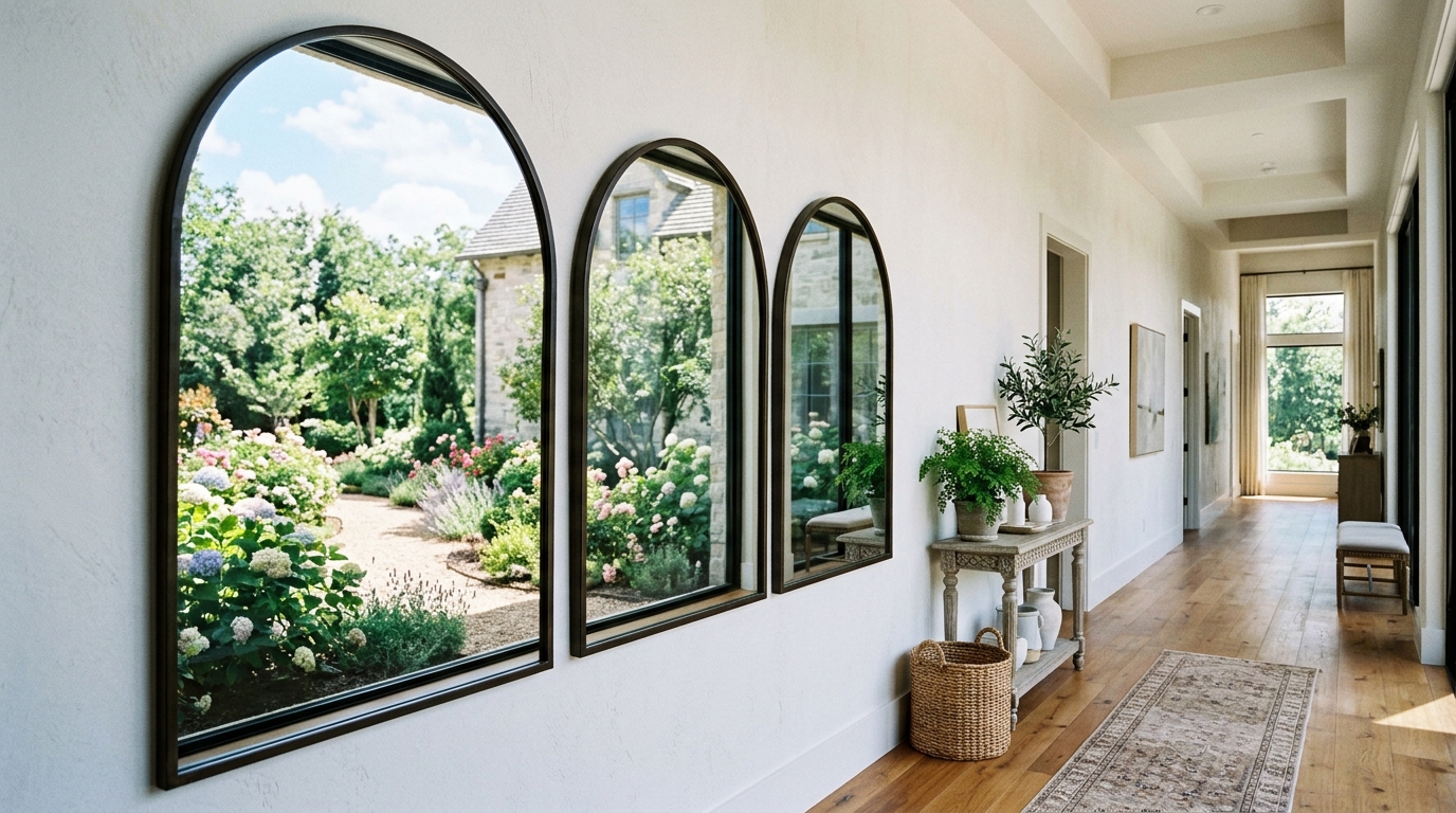 Reflective triptych of mirrors on a narrow hallway wall, effectively doubling the perceived width of the transition space. Reflective triptych of mirrors on a narrow hallway wall, effectively doubling the perceived width of the transition space.