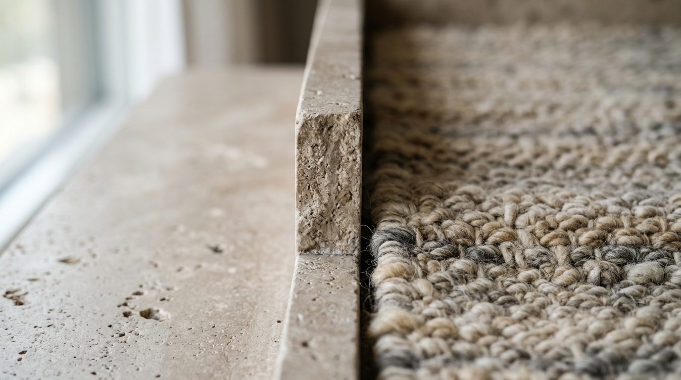 Macro detail shot of tactile materiality in a small foyer: the porous surface of travertine stone meeting the soft wool texture of an antique rug. Macro detail shot of tactile materiality in a small foyer: the porous surface of travertine stone meeting the soft wool texture of an antique rug.