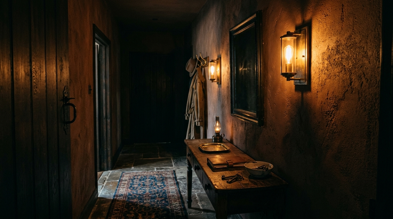 Moody atmospheric lighting in a compact entry with brass sconces casting soft shadows on textured plaster walls at a 2700K color temperature. Moody atmospheric lighting in a compact entry with brass sconces casting soft shadows on textured plaster walls at a 2700K color temperature.