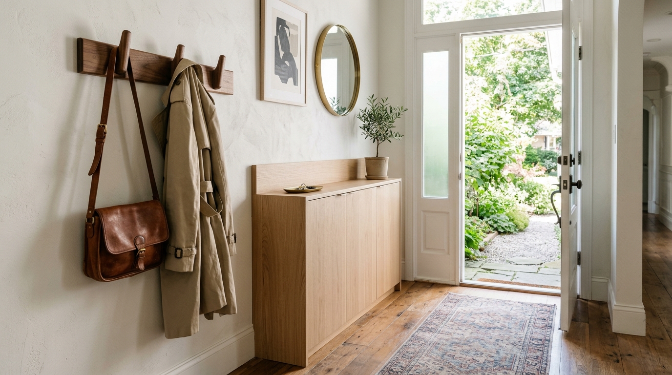 Functional daily snapshot of a micro-foyer featuring custom walnut wall hooks and a hidden shoe storage cabinet integrated into a narrow wall space. Functional daily snapshot of a micro-foyer featuring custom walnut wall hooks and a hidden shoe storage cabinet integrated into a narrow wall space.