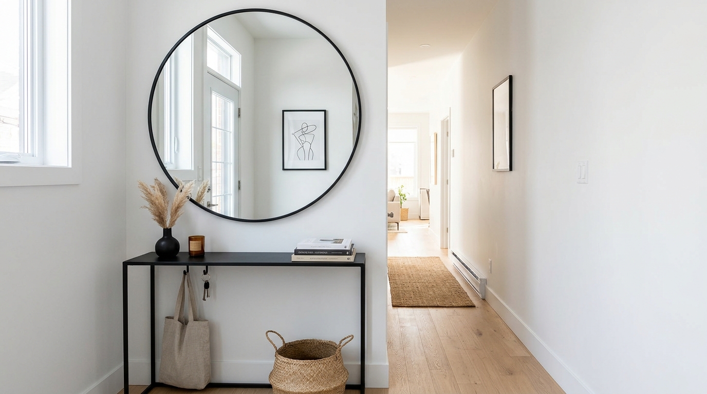 Slim-profile black metal console table in a narrow entryway with a large round mirror reflecting a light-filled living room, creating depth. Slim-profile black metal console table in a narrow entryway with a large round mirror reflecting a light-filled living room, creating depth.