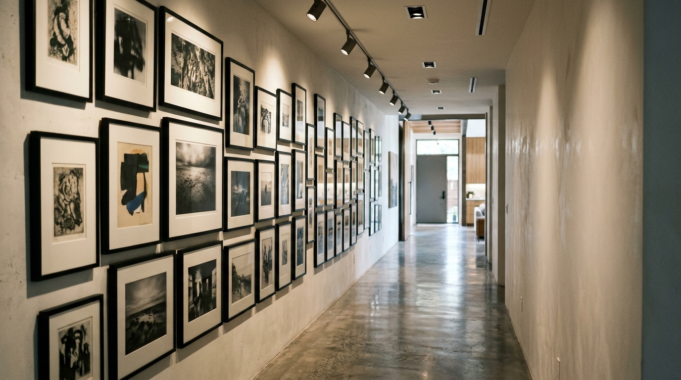 Art-focused narrow hallway with a series of framed black and white photographs lit by ceiling-mounted directional gallery spots. Art-focused narrow hallway with a series of framed black and white photographs lit by ceiling-mounted directional gallery spots.