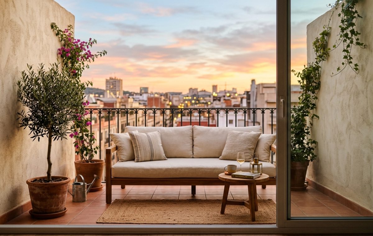 A hero focal visual of a modern small apartment balcony featuring a low-profile teak sofa, limewash walls in Benjamin Moore Swiss Coffee, and sunset lighting.