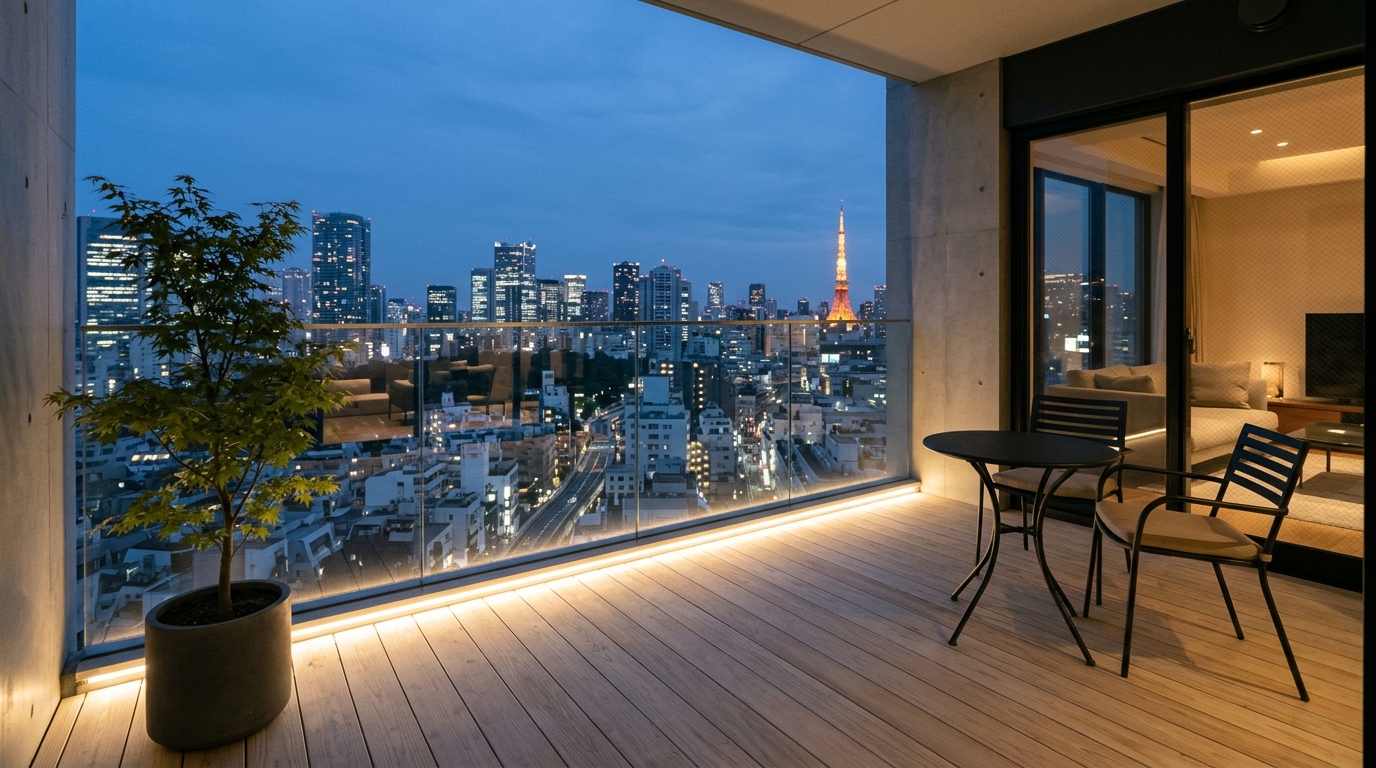 High-angle view of a Tokyo-minimalist balcony with light-colored wood decking and integrated floor-level LED strip lighting.