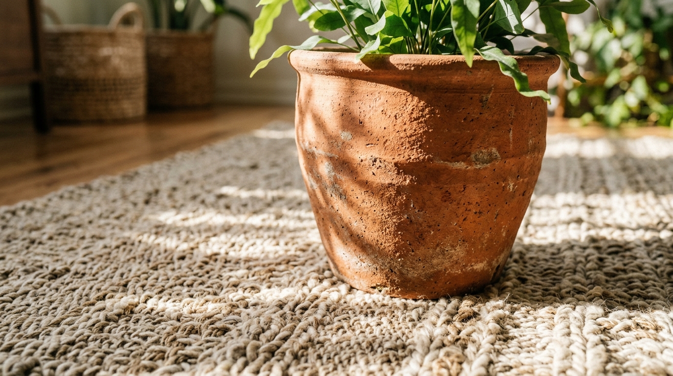 Tactile grounding featuring a weathered terracotta pot and a hand-woven outdoor rug in a neutral flaxen hue.