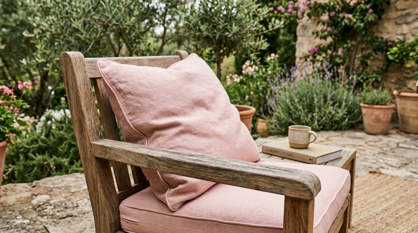 Luxury small apartment balcony ideas textures including velvet-touch outdoor cushions in Farrow & Ball Setting Plaster shades.