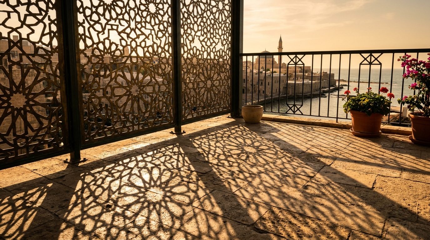 Geometric shadow play on a balcony floor created by a custom laser-cut metal privacy screen during the golden hour.
