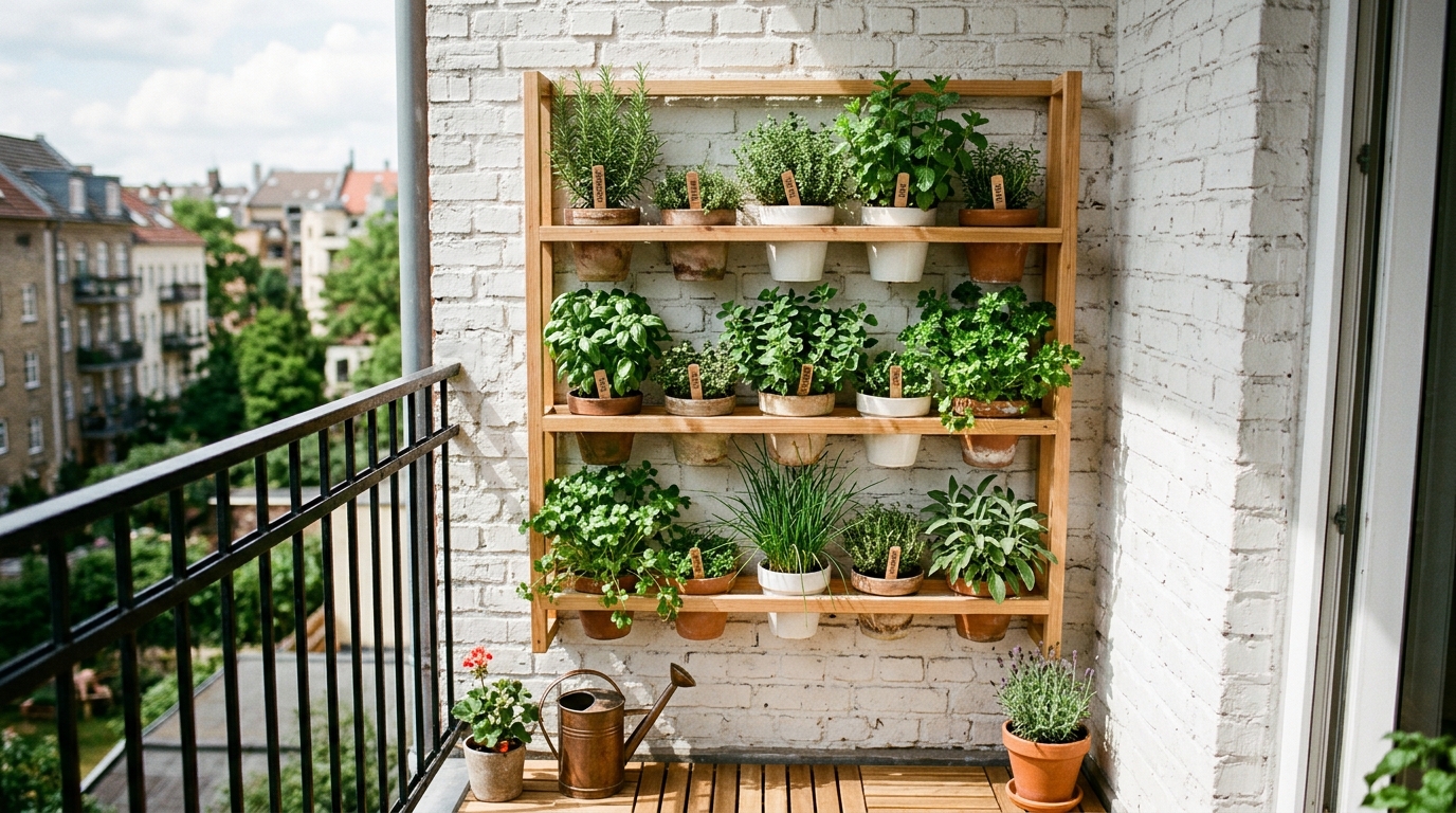 Small space small apartment balcony ideas featuring a vertical herb garden integrated into a white-washed brick wall.