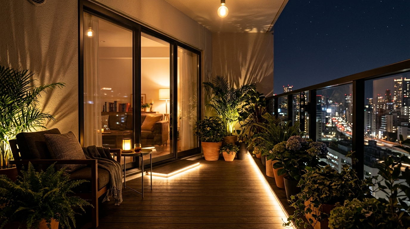Nighttime view of a balcony showing the depth and layering of light using low-voltage uplights and a dimmable table lamp.
