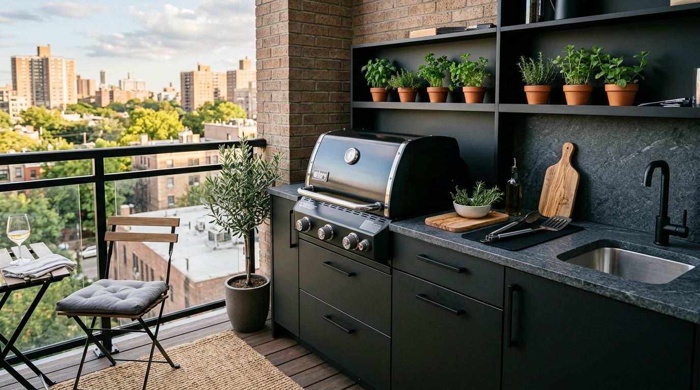 Minimalist outdoor kitchen corner on a balcony with a small high-end grill and a honed granite countertop.