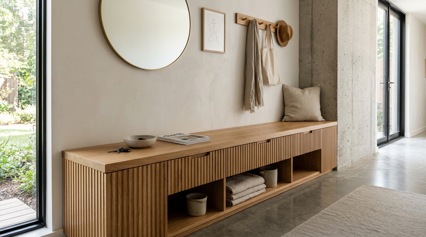 Tactile material study of a fluted oak bench seat with integrated storage for small apartment balcony ideas.