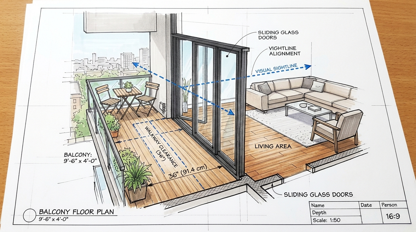 Architectural layout perspective of a 50-square-foot balcony showing 36-inch walkway clearances and intentional sightline alignment with interior doors.