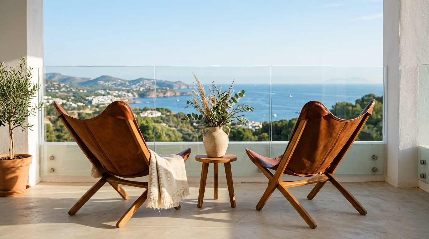 Soft morning light hitting a balcony with a pair of iconic butterfly chairs and a simple ceramic floor vase.
