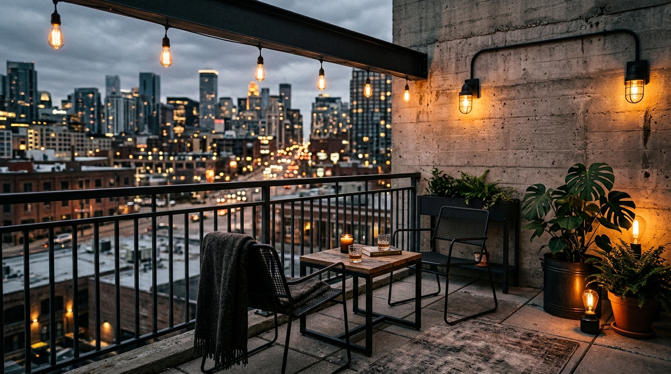 Industrial-chic balcony design with exposed concrete, black steel furniture, and warm 2700K string lighting for a high-contrast look.