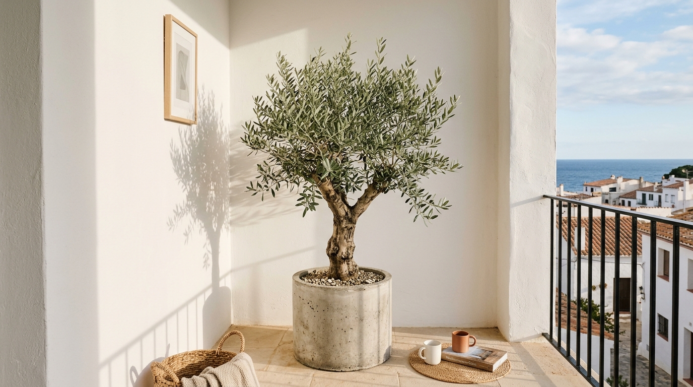 Detailed view of a sculptural olive tree in a large minimalist concrete pot acting as a focal point on a small terrace.