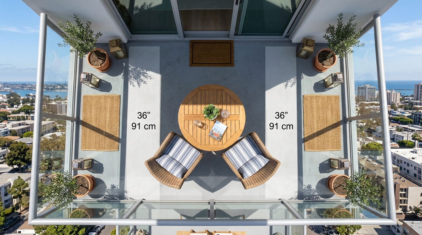 Overhead shot of a well-proportioned balcony layout for small apartment balcony ideas emphasizing symmetry and balance.