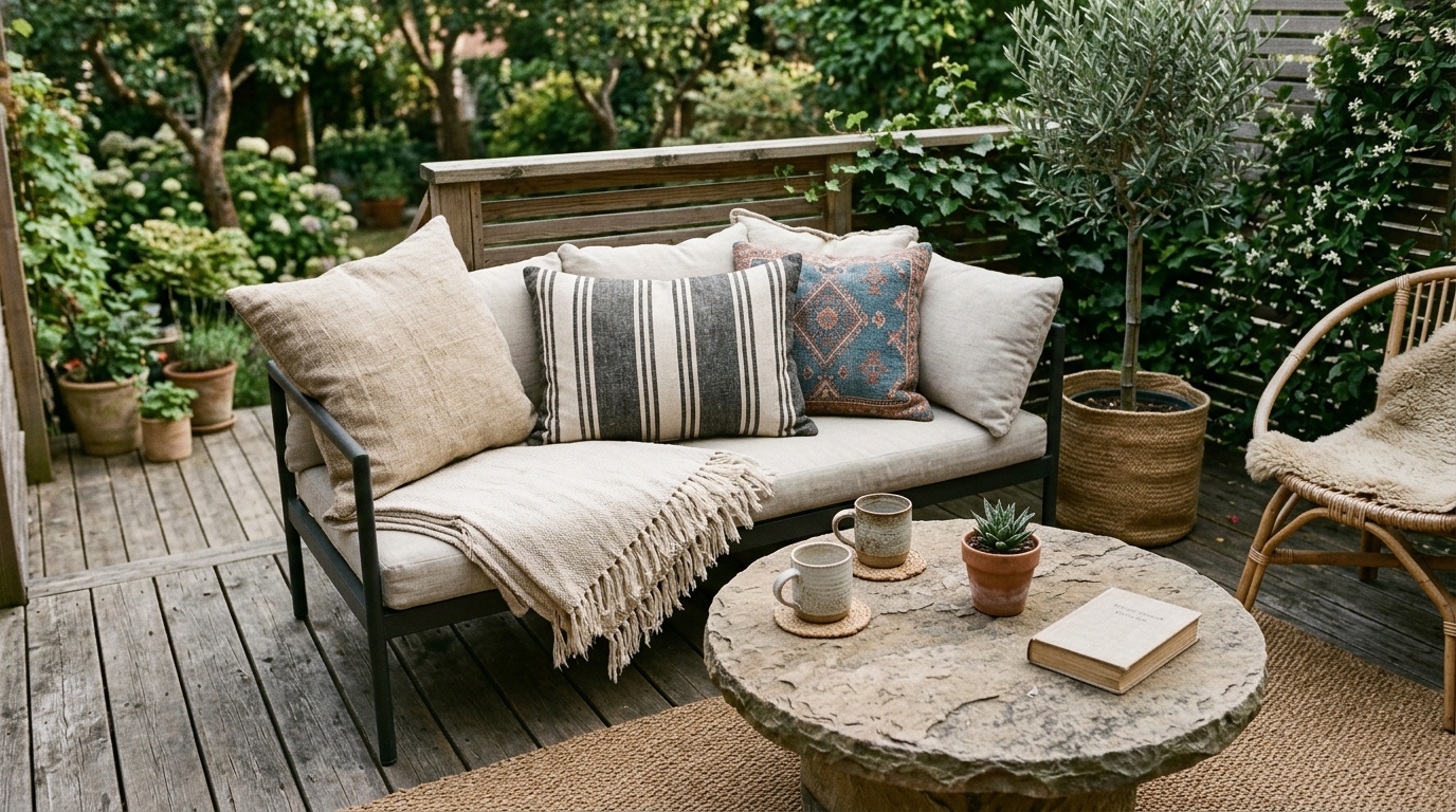 A collection of varied textures including linen, teak, and stone on a small balcony designed for tactile comfort.