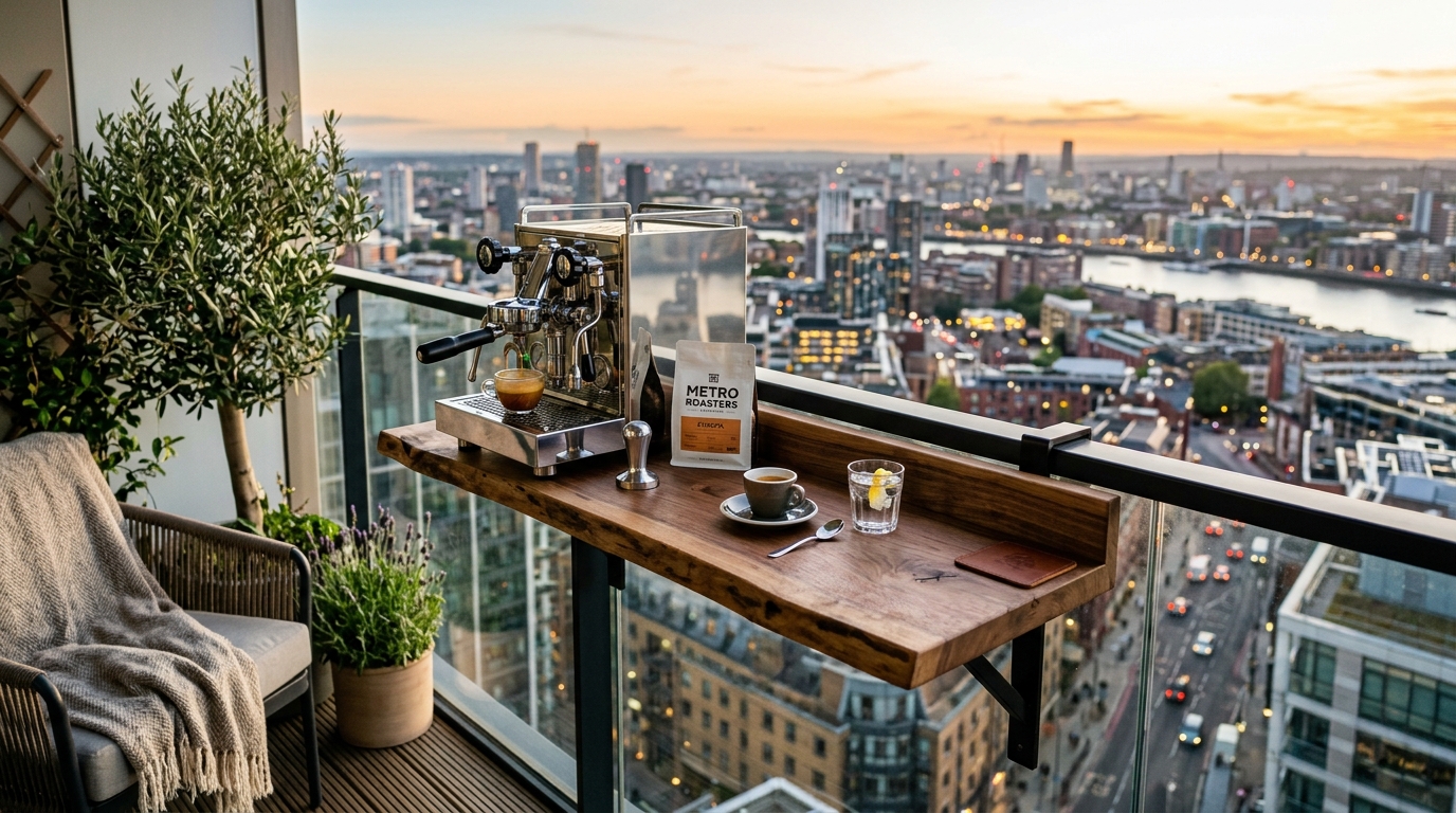 A sophisticated 'floating' ledge bar made of reclaimed wood attached to a balcony railing for space-saving utility.