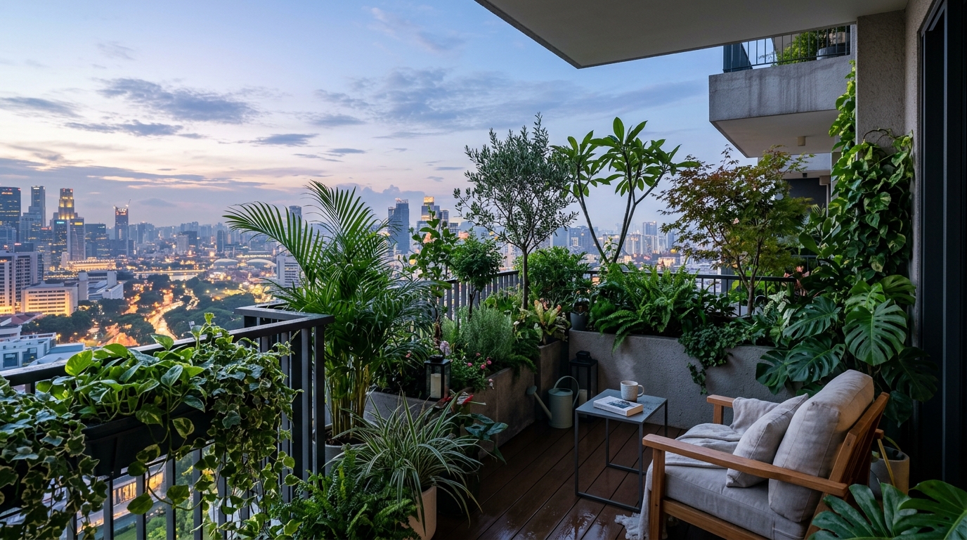 Forward-looking architectural reflection showing a green-filled balcony blending seamlessly with the urban canopy at dawn.