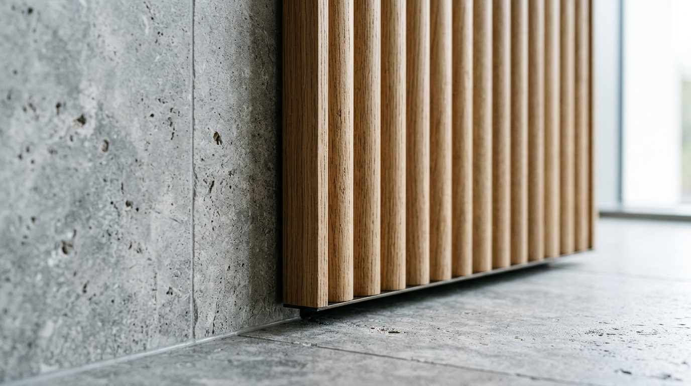 Tactile material detail showing the contrast between honed travertine floor tiles and a fluted white oak privacy screen on a luxury balcony.
