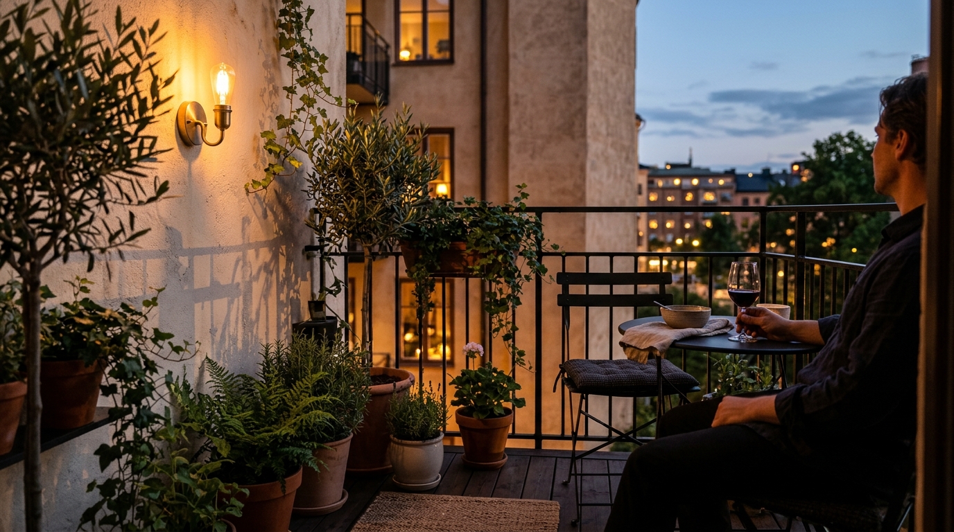 Atmospheric mood shot of a balcony at dusk with 2700K warm ambient lighting, 90+ CRI, highlighting the texture of lush architectural plants.