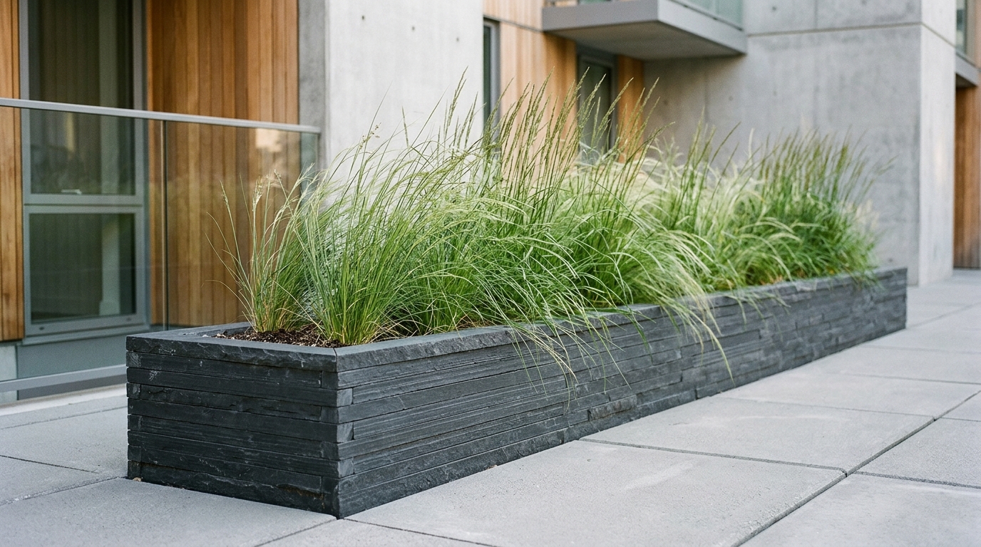Close-up of a built-in slate charcoal planter box featuring drought-tolerant architectural greenery and clean horizontal lines.
