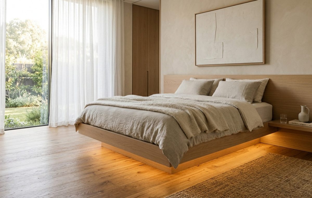 modern beds that save space ideas featuring a custom-built cantilevered platform in rift-sawn white oak with integrated LED floor-wash lighting