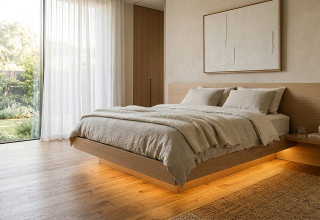 modern beds that save space ideas featuring a custom-built cantilevered platform in rift-sawn white oak with integrated LED floor-wash lighting