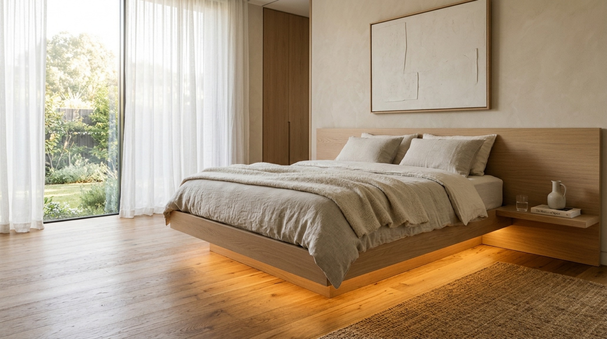 modern beds that save space ideas featuring a custom-built cantilevered platform in rift-sawn white oak with integrated LED floor-wash lighting modern beds that save space ideas featuring a custom-built cantilevered platform in rift-sawn white oak with integrated LED floor-wash lighting