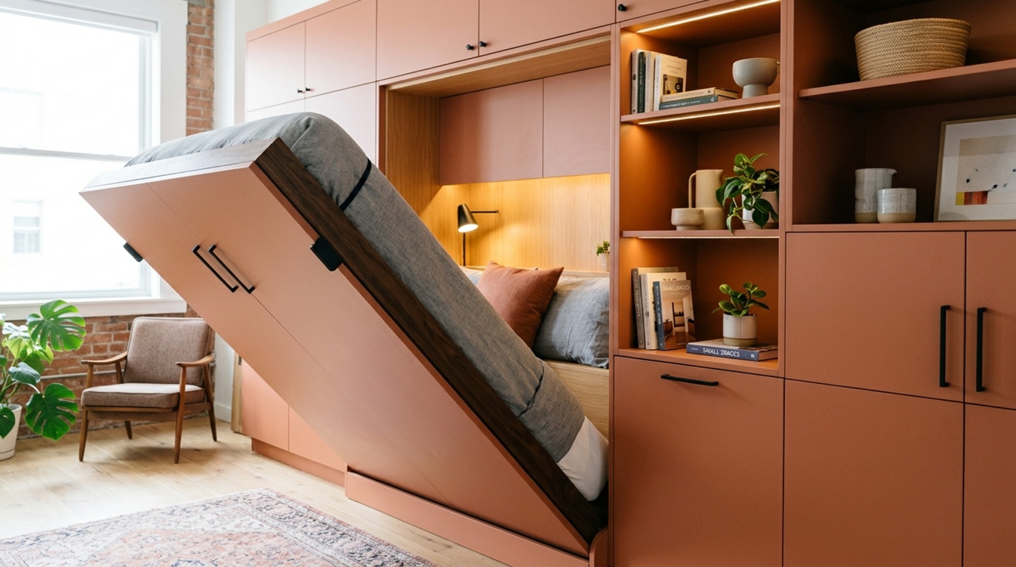 small space beds that save space showcasing a seamless Murphy bed integrated into floor-to-ceiling matte lacquer cabinetry in Farrow & Ball Setting Plaster small space beds that save space showcasing a seamless Murphy bed integrated into floor-to-ceiling matte lacquer cabinetry in Farrow & Ball Setting Plaster