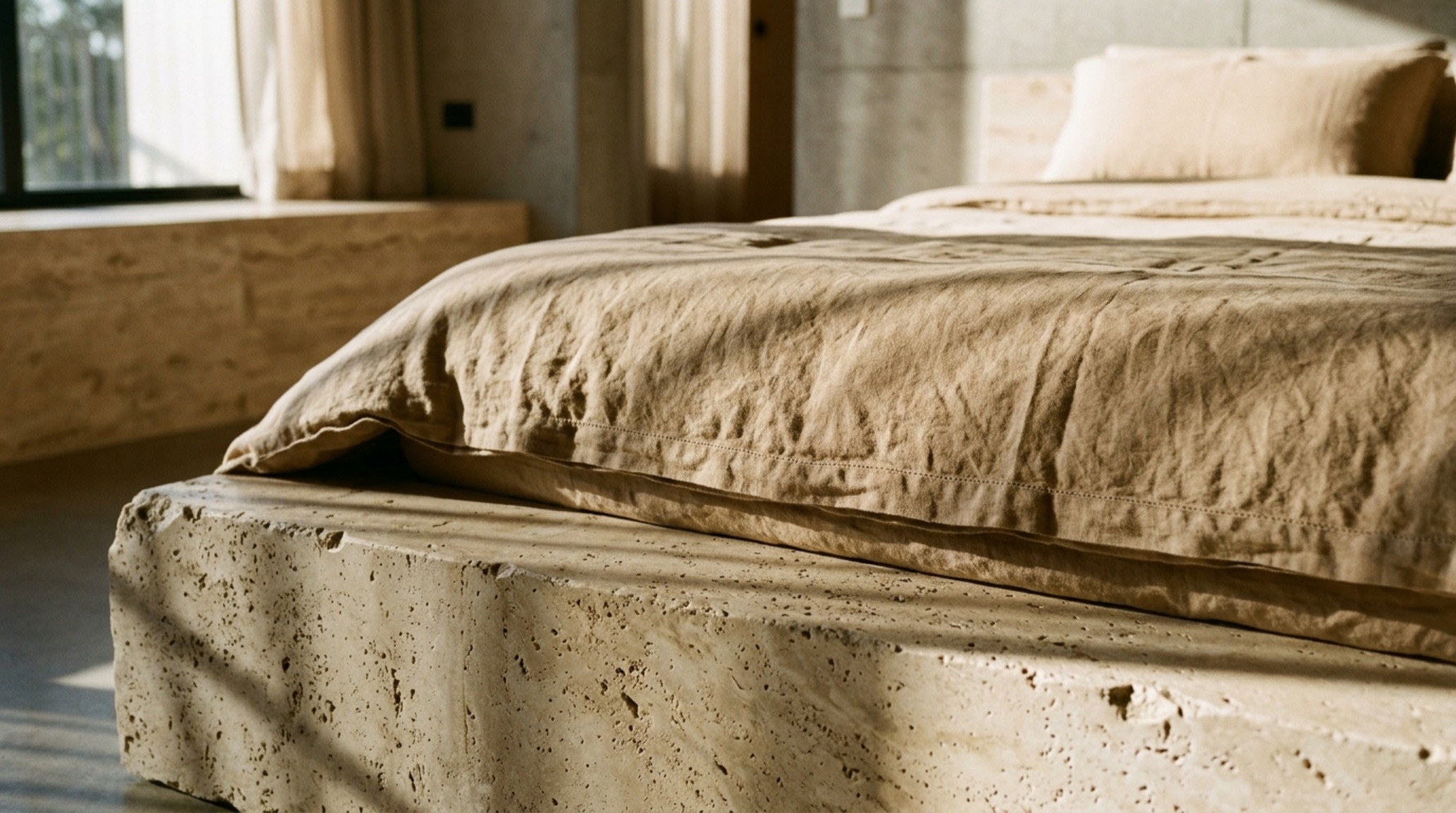 luxury beds that save space textures highlighting the contrast between heavy Belgian linen bedding and a smooth honed travertine bed base luxury beds that save space textures highlighting the contrast between heavy Belgian linen bedding and a smooth honed travertine bed base