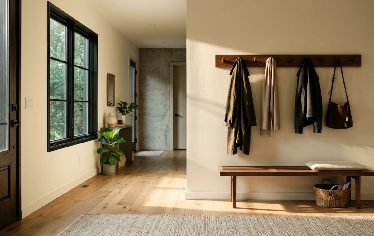 entryway storage rack woodworking plans featuring a solid walnut rail with recessed brass hooks in a sunlit modern hallway