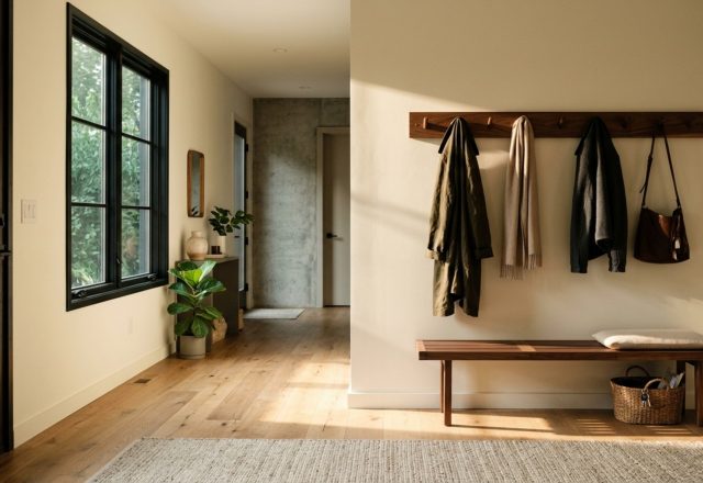 entryway storage rack woodworking plans featuring a solid walnut rail with recessed brass hooks in a sunlit modern hallway