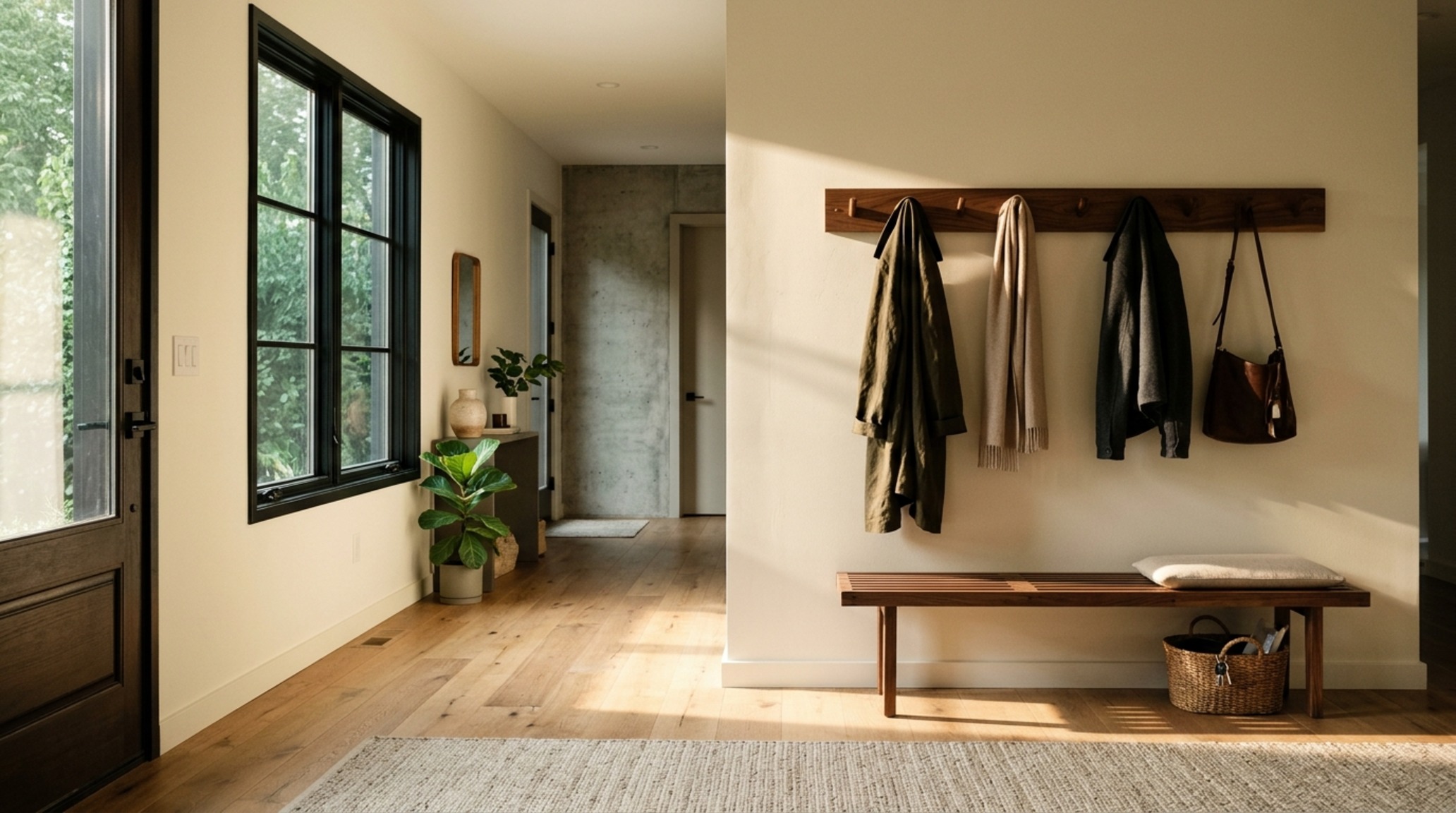 entryway storage rack woodworking plans featuring a solid walnut rail with recessed brass hooks in a sunlit modern hallway entryway storage rack woodworking plans featuring a solid walnut rail with recessed brass hooks in a sunlit modern hallway