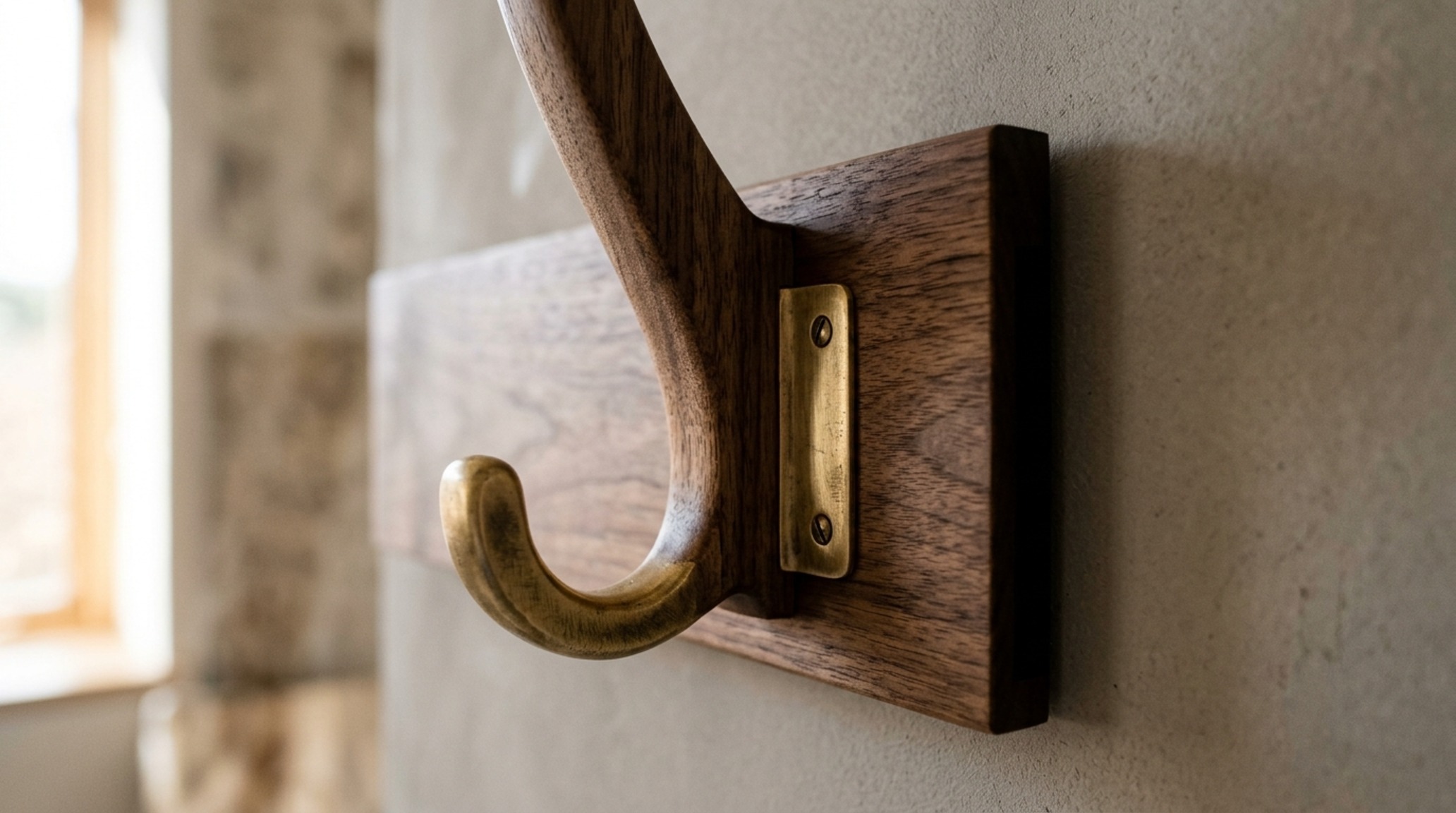 minimalist floating coat rack construction showing the precision shadow-gap joinery against a textured plaster wall minimalist floating coat rack construction showing the precision shadow-gap joinery against a textured plaster wall