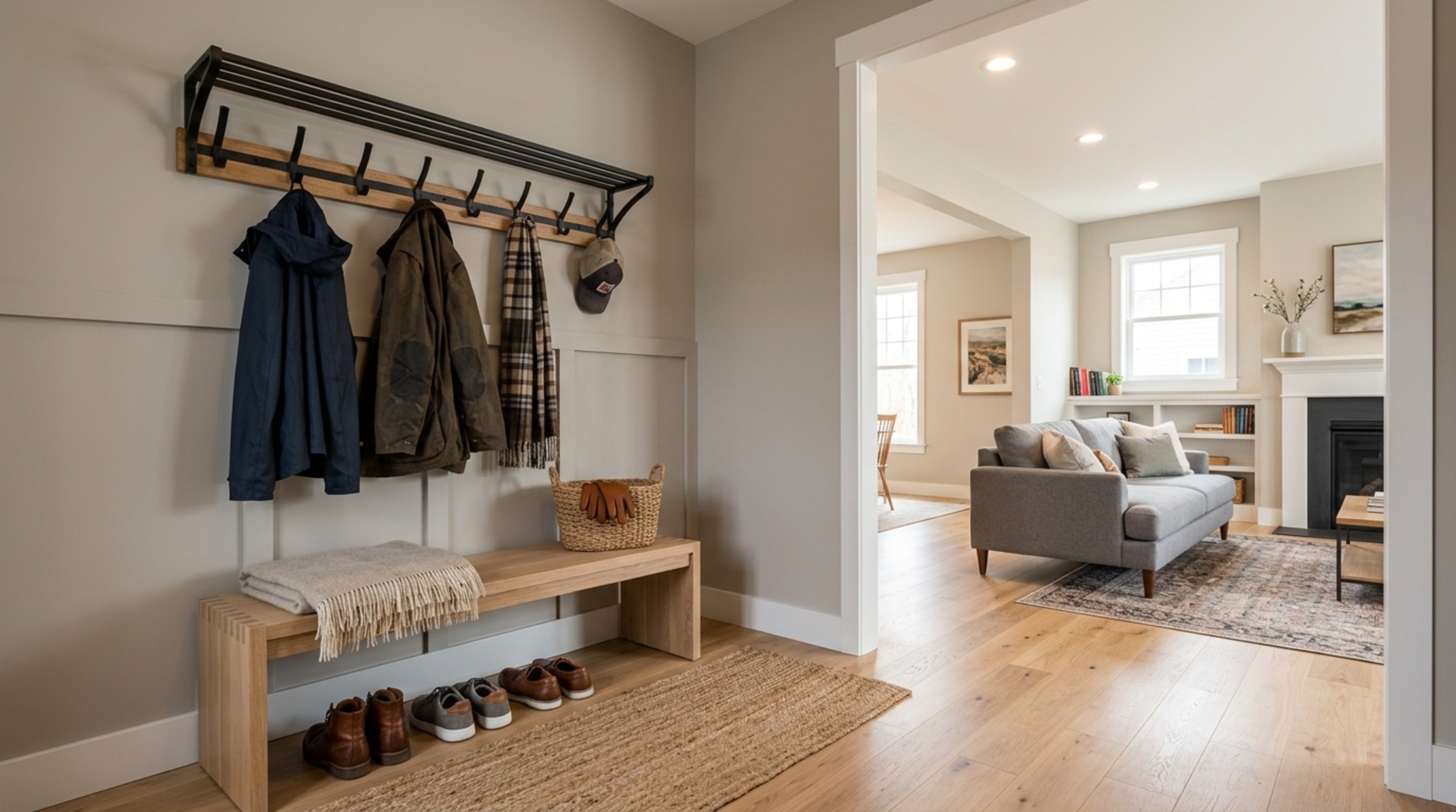 heavy duty wall coat rack mounting height illustrated at 64 inches above a custom oak entry bench with 36-inch walkway clearance heavy duty wall coat rack mounting height illustrated at 64 inches above a custom oak entry bench with 36-inch walkway clearance