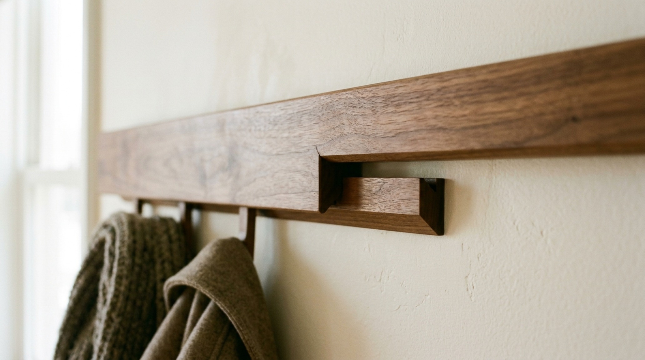 minimalist floating coat rack construction details showcasing the internal steel reinforcement and matte oil finish on American Black Walnut minimalist floating coat rack construction details showcasing the internal steel reinforcement and matte oil finish on American Black Walnut