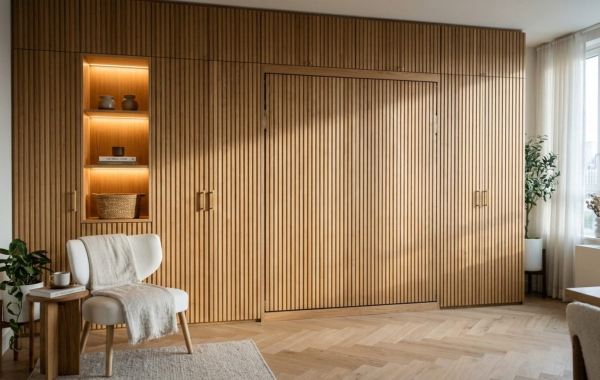 Murphy beds for small apartments integrated into a full-wall fluted white oak millwork system with recessed 2700K LED accent lighting.