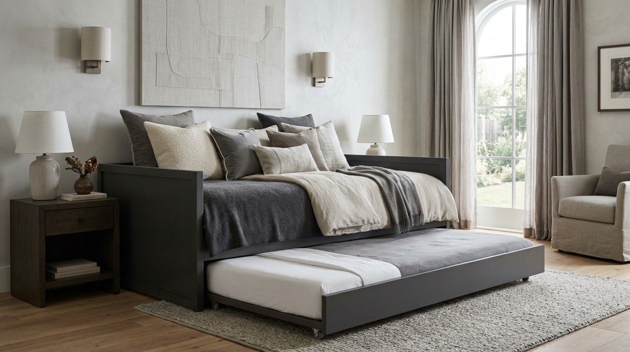 Trundle beds for guest rooms in a monochromatic gray palette with soft-close mechanics and velvet bolster pillows.