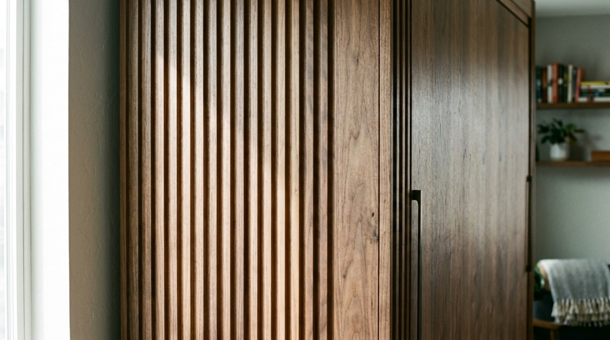 Murphy beds for small apartments highlighting the precision joinery and shadow play of a vertical slatted wood facade.