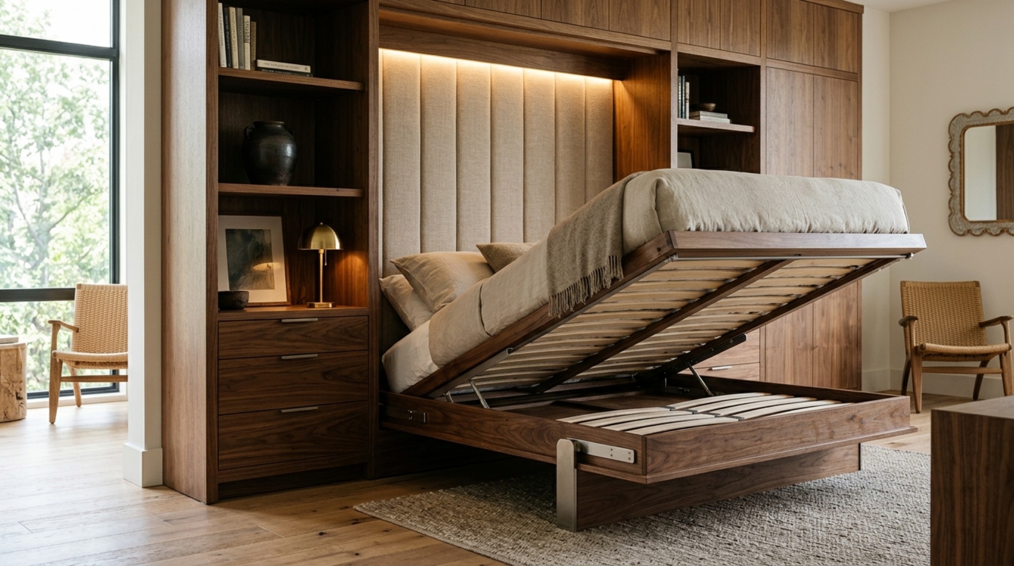 Wall beds with storage featuring custom walnut cabinetry and a built-in upholstered headboard for a seamless guest room transition.